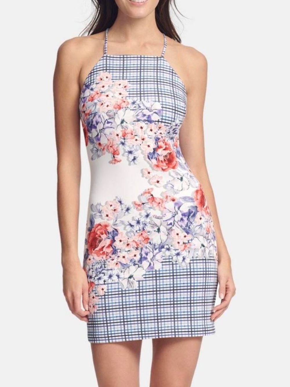 GUESS Los Angeles Mixed Floral Grid Pattern Slip Bodycon Mini Dress 4 Y2K Mod